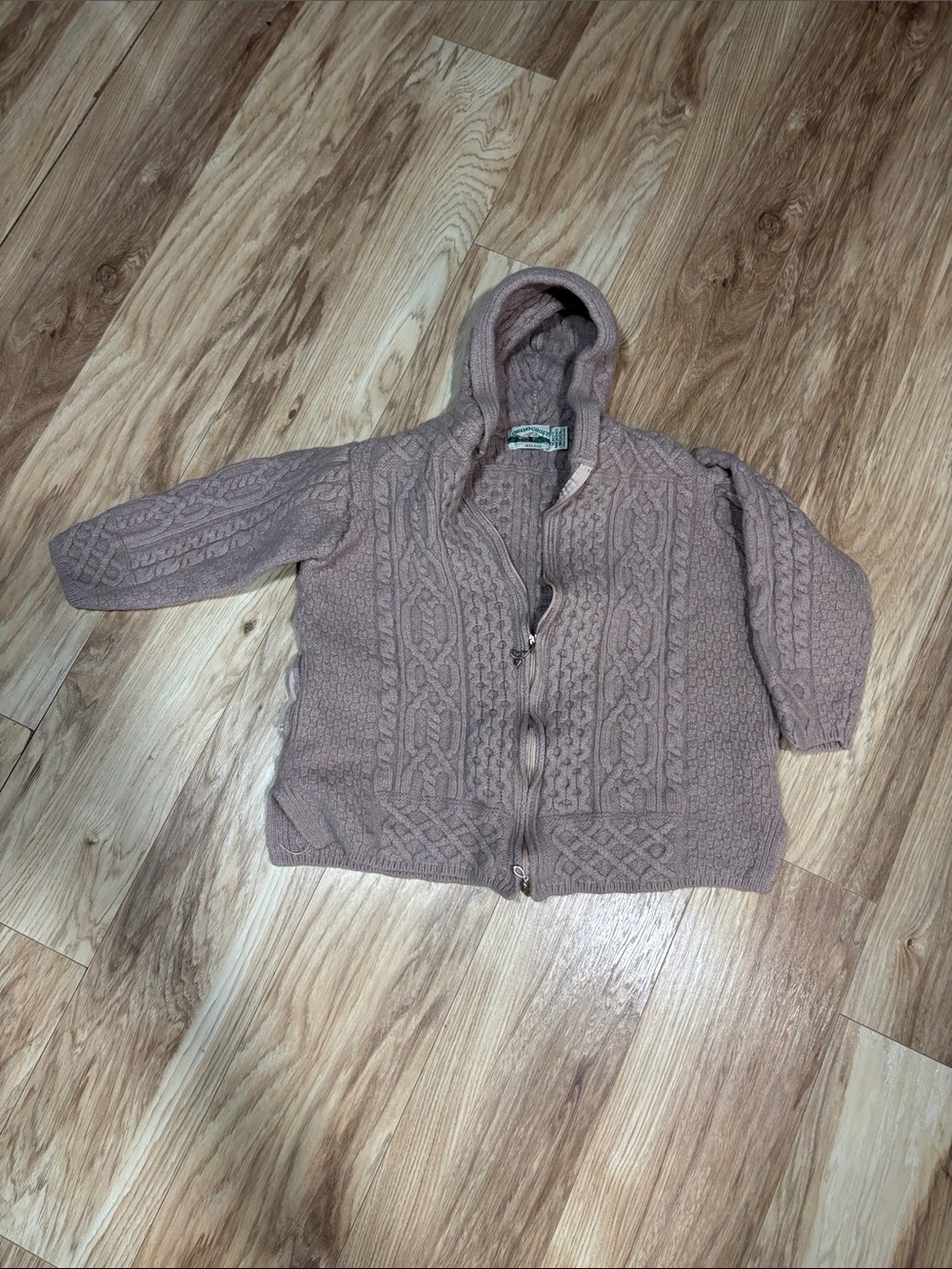 Aran Crafts Ireland 100% Merino Wool Kids Hooded Cable Knit Jacket - Taupe XS/S